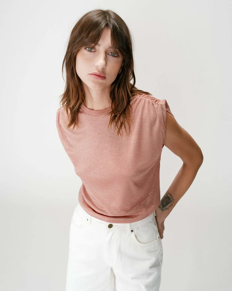 Top en lurex col rond sans manches rose Winny