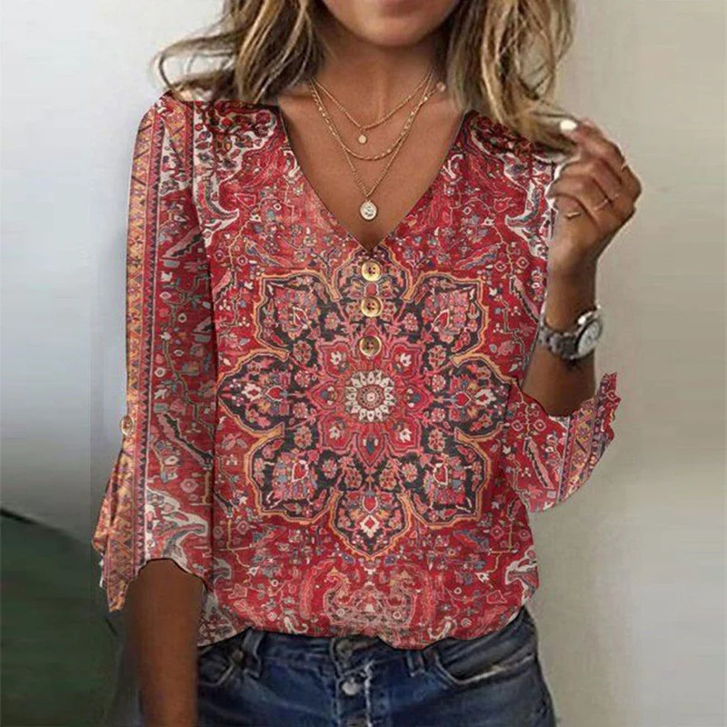 Brianna Blouse Bohème Femme – Blouse Rouge Rubis avec Imprimé Oriental & Style Boho Authentique