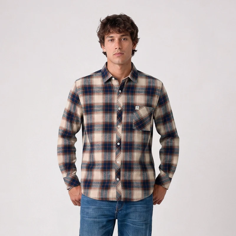 Chemise manches longues coton à carreaux beige SBPLAY