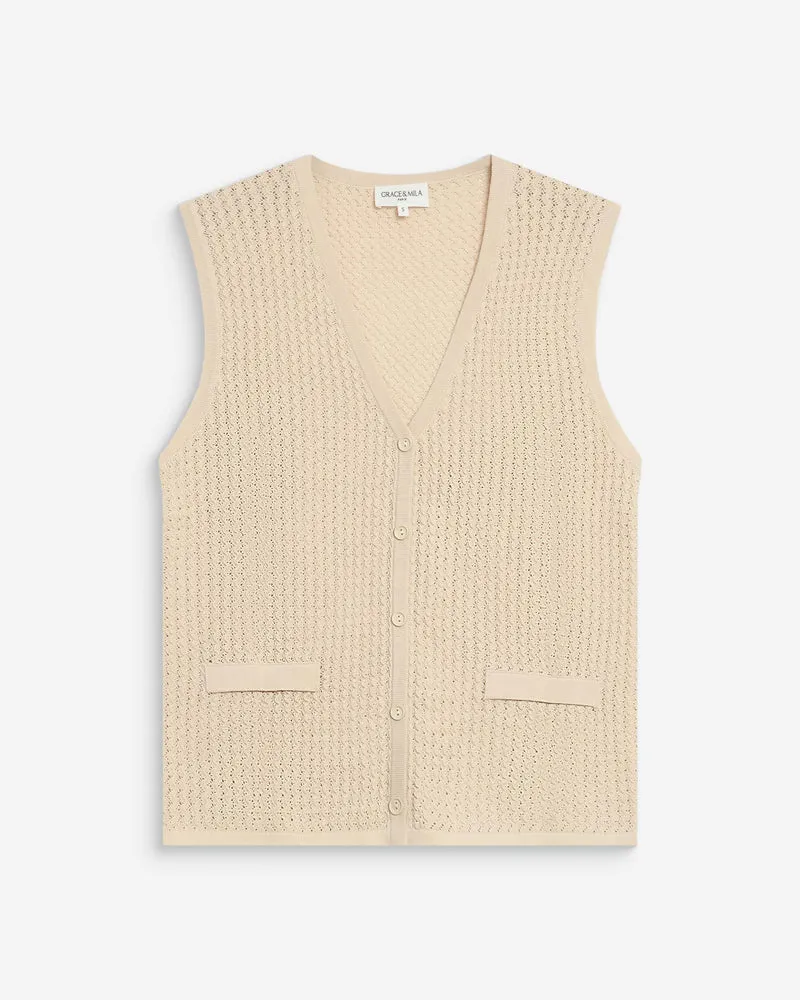 Cardigan en maille ajourée col V sans manches beige Wayne