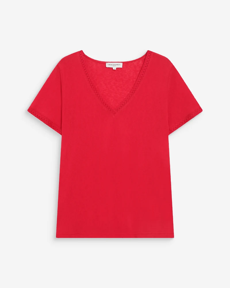 Top droit col V en dentelle manches courtes rouge Willem