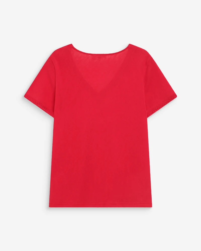 Top droit col V en dentelle manches courtes rouge Willem