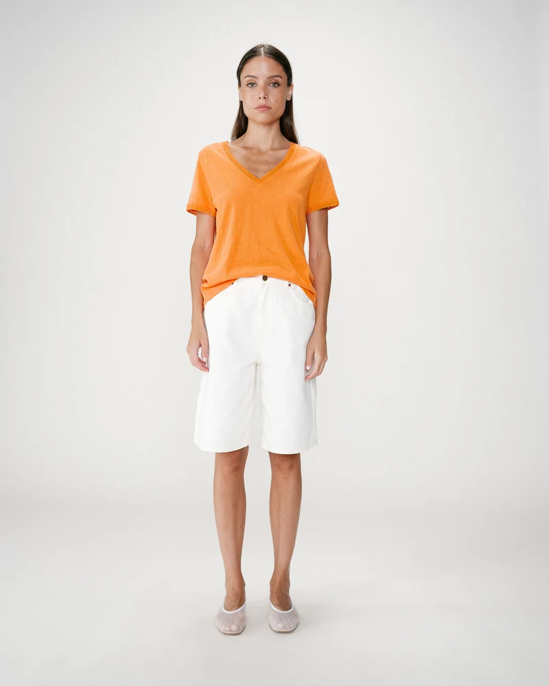 Top droit col V en dentelle manches courtes orange Willem