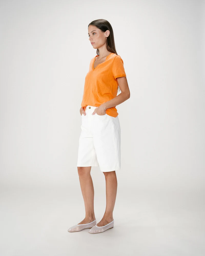 Top droit col V en dentelle manches courtes orange Willem
