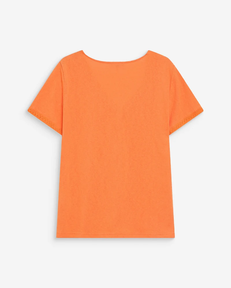 Top droit col V en dentelle manches courtes orange Willem