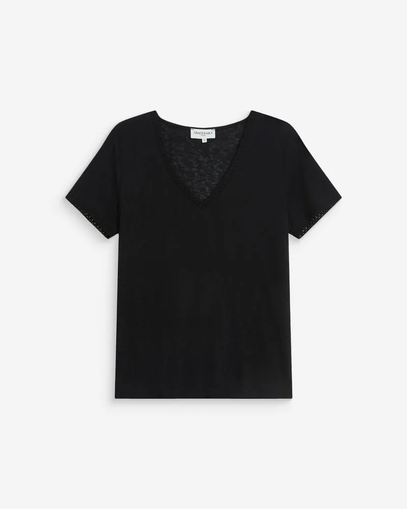 Top droit col V en dentelle manches courtes noir Willem