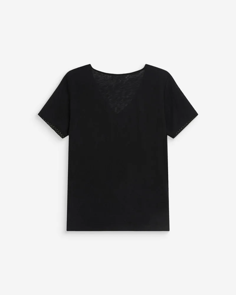 Top droit col V en dentelle manches courtes noir Willem