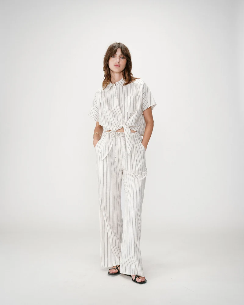 Pantalon ample en lin et tencel rayé sable Weston