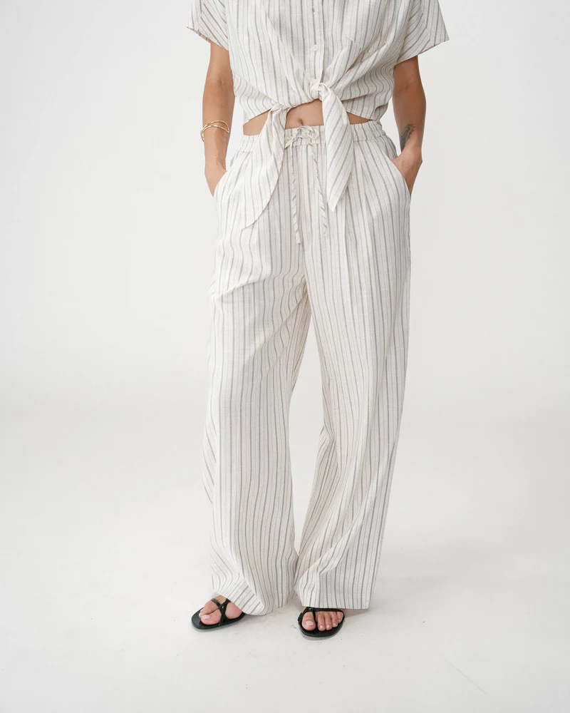 Pantalon ample en lin et tencel rayé sable Weston