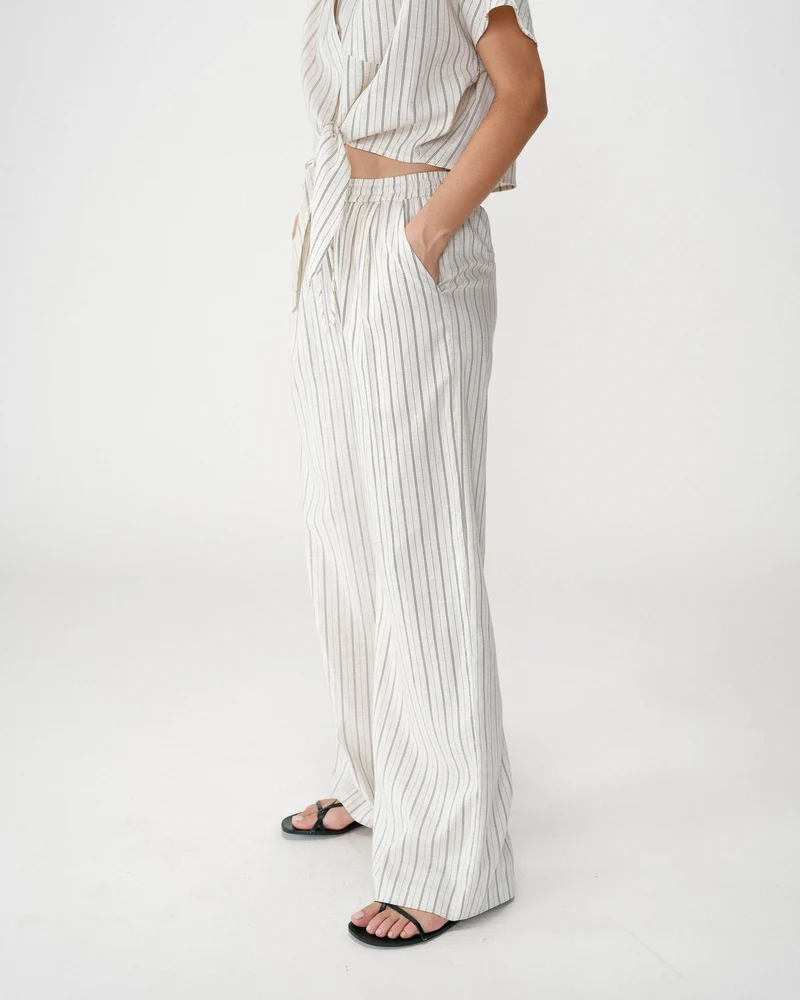 Pantalon ample en lin et tencel rayé sable Weston