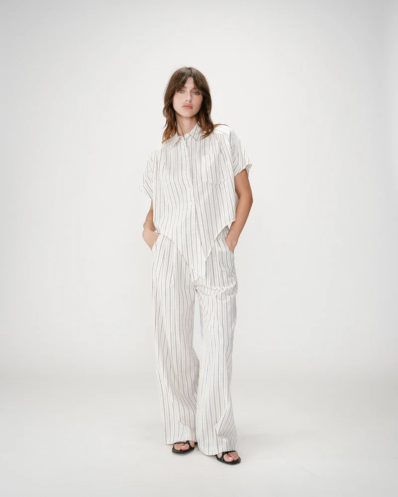Pantalon ample en lin et tencel rayé sable Weston