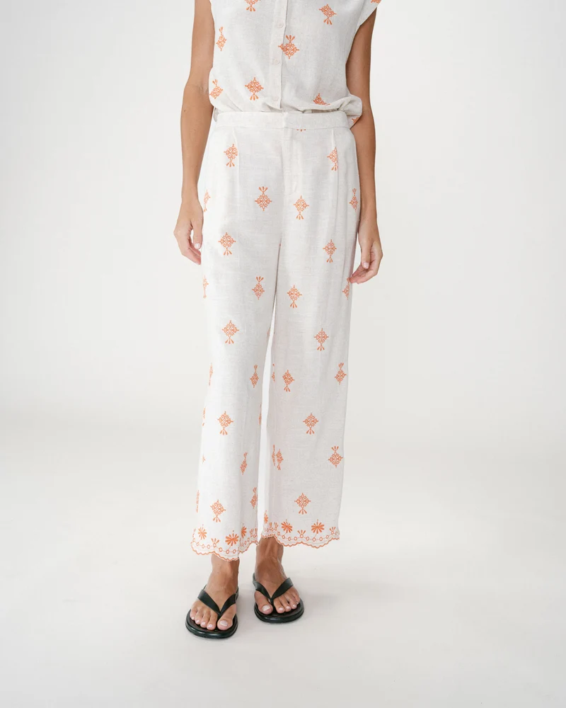 Pantalon droit brodé 7/8 orange Waren