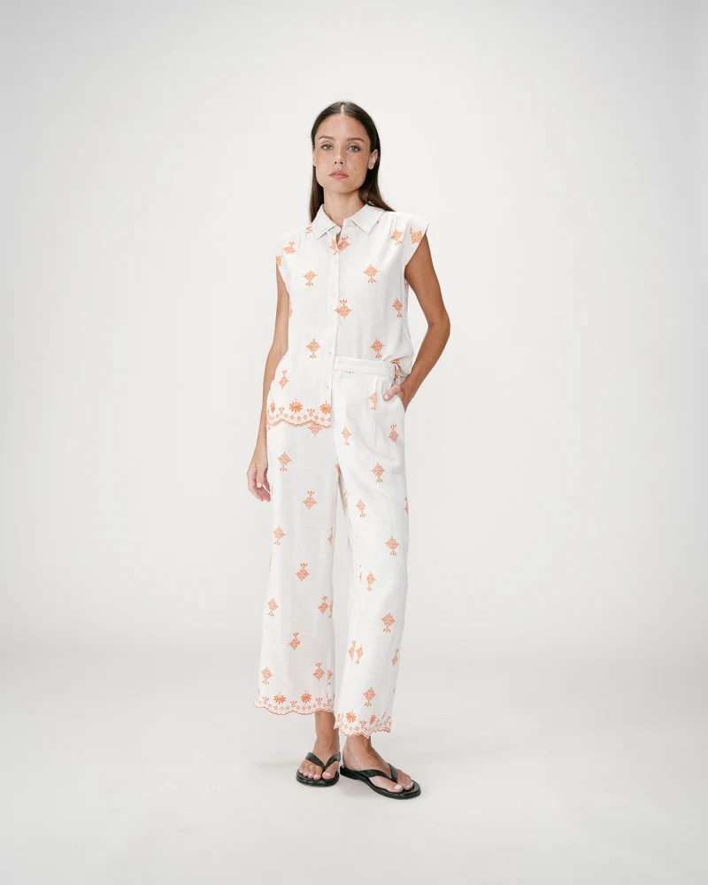 Pantalon droit brodé 7/8 orange Waren