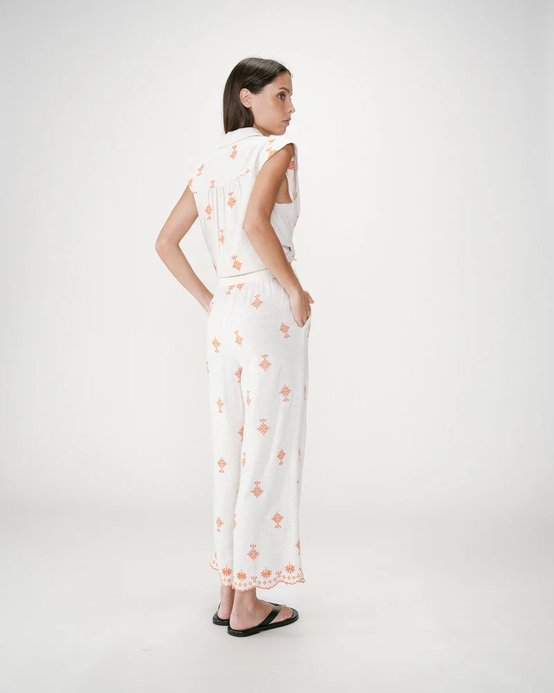 Pantalon droit brodé 7/8 orange Waren