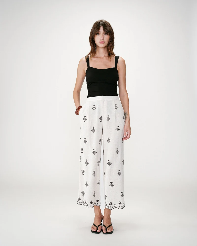 Pantalon droit brodé 7/8 chocolat Waren