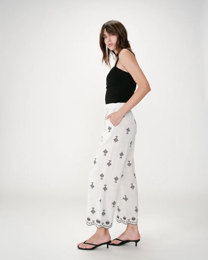 Pantalon droit brodé 7/8 chocolat Waren
