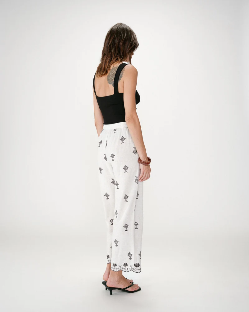 Pantalon droit brodé 7/8 chocolat Waren