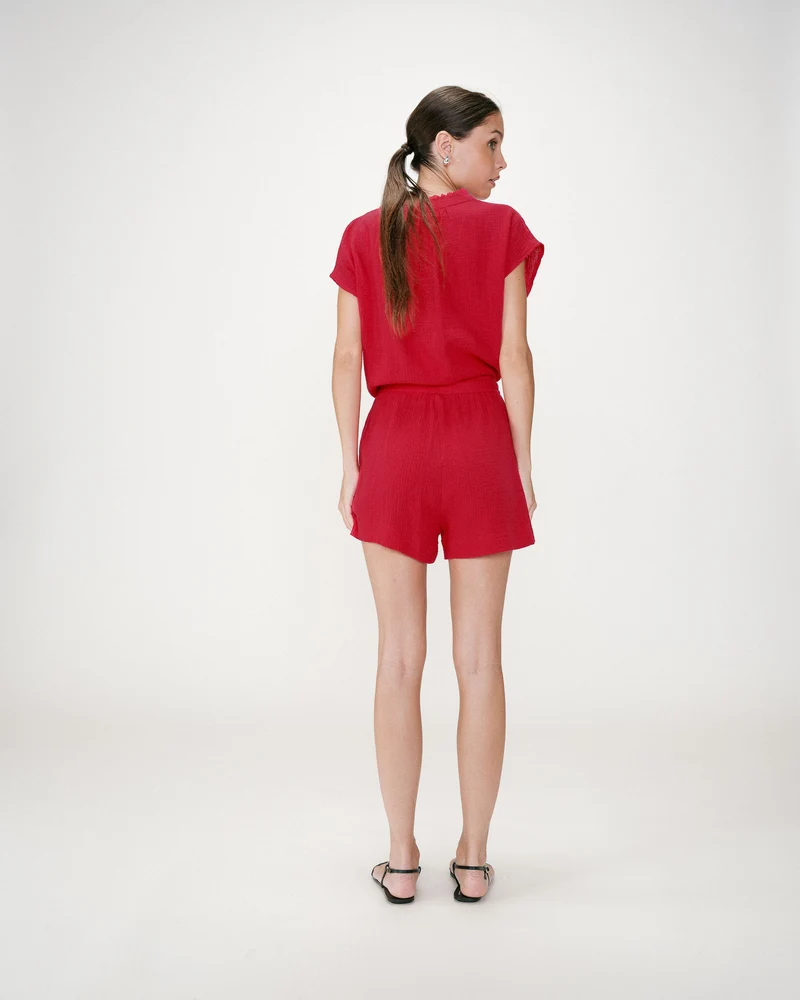 Short large taille haute en gaze de coton fuchsia Wasabi