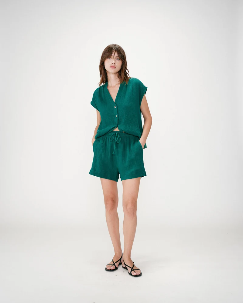 Short large taille haute en gaze de coton emeraude Wasabi