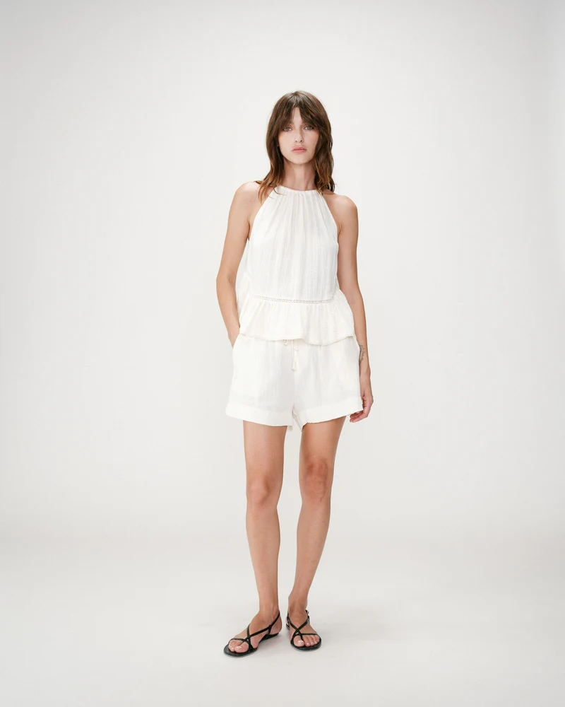 Short large taille haute en gaze de coton ecru Wasabi