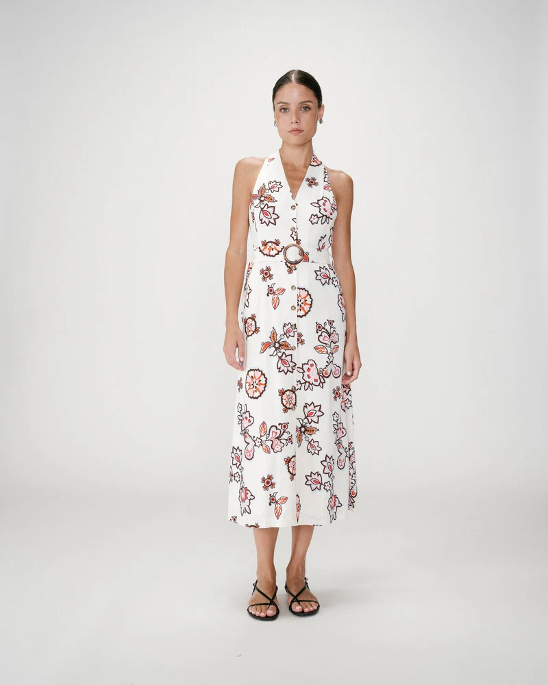 Robe midi ceinturée col V imprimé floral ecru Wink