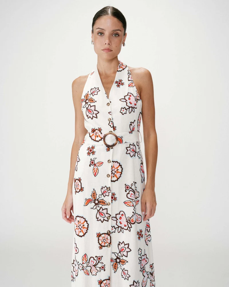 Robe midi ceinturée col V imprimé floral ecru Wink