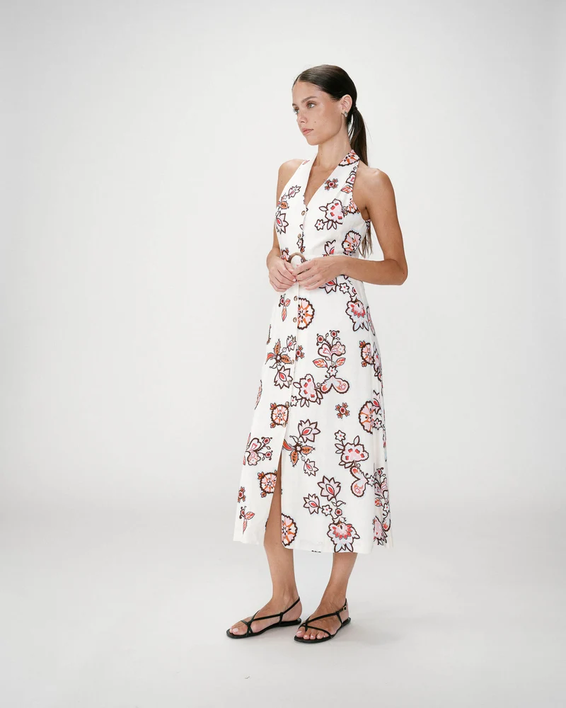 Robe midi ceinturée col V imprimé floral ecru Wink