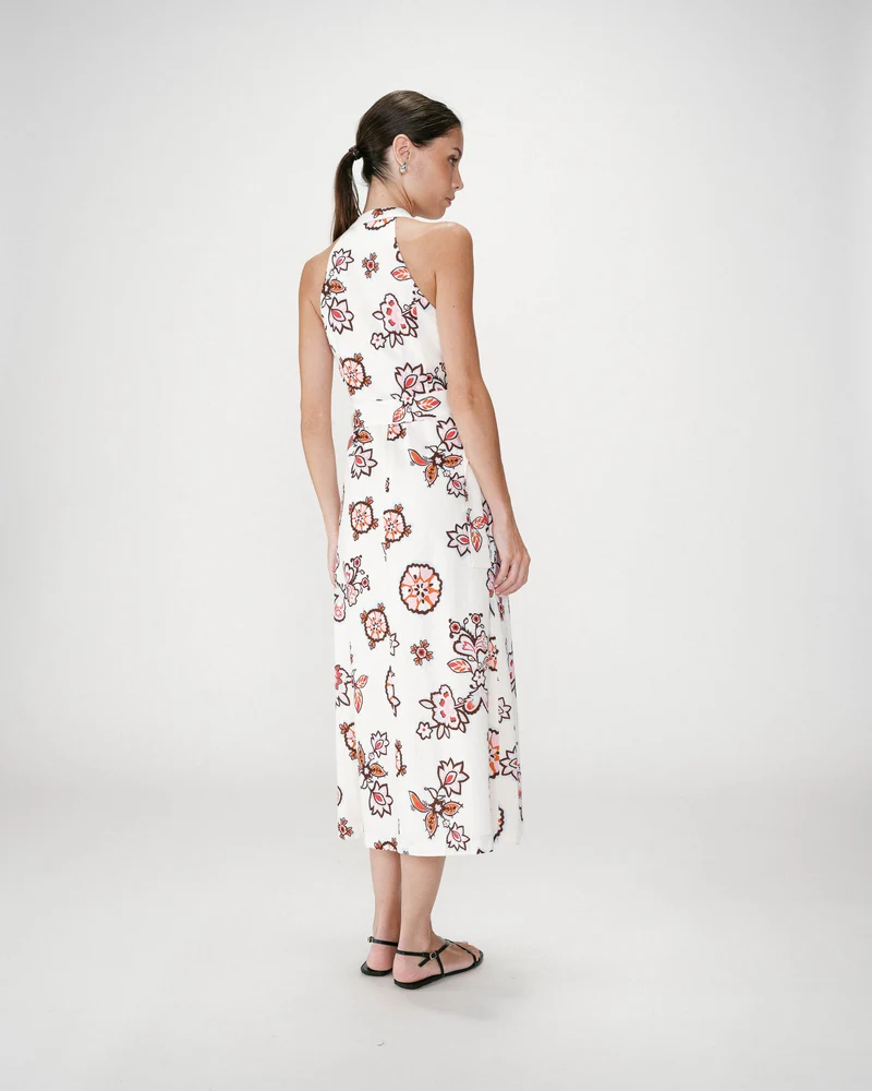 Robe midi ceinturée col V imprimé floral ecru Wink