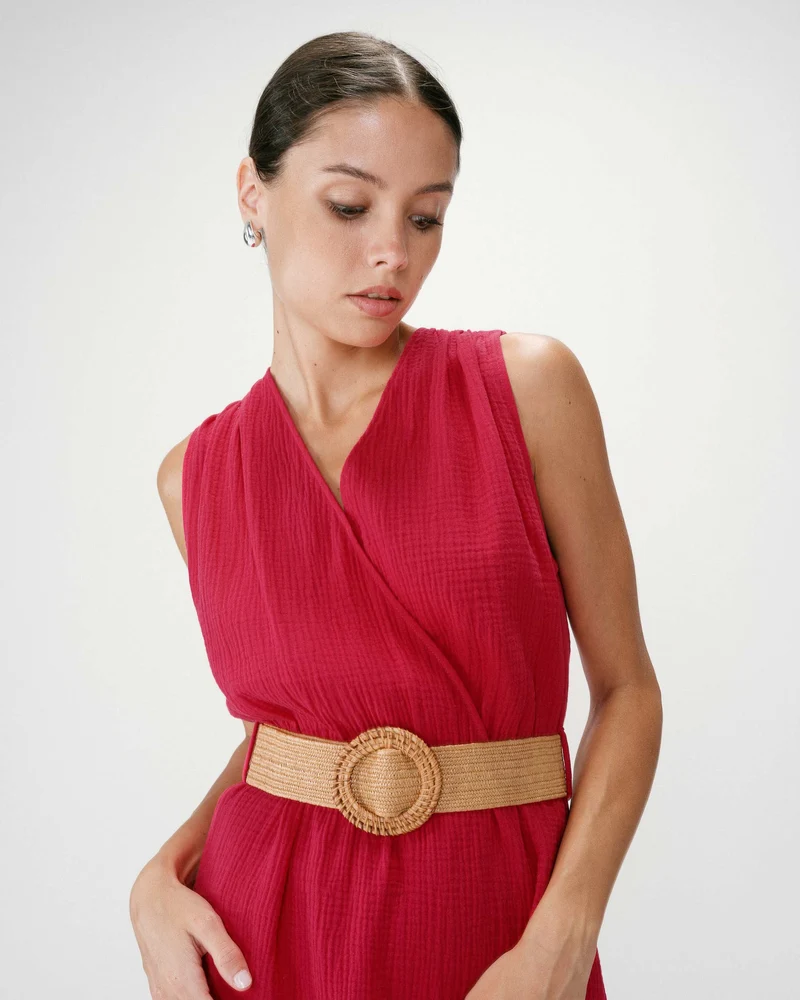 Robe courte en gaze de coton ceinturée fuchsia Wrenna