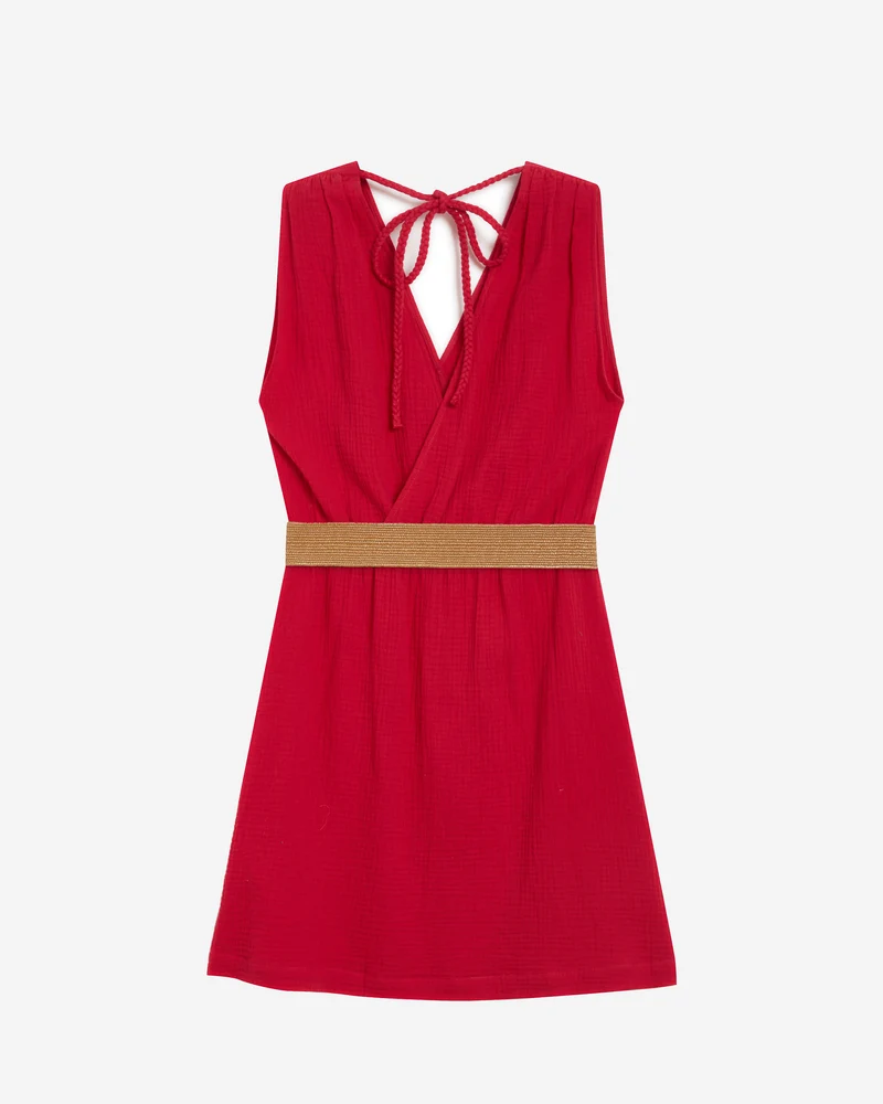 Robe courte en gaze de coton ceinturée fuchsia Wrenna