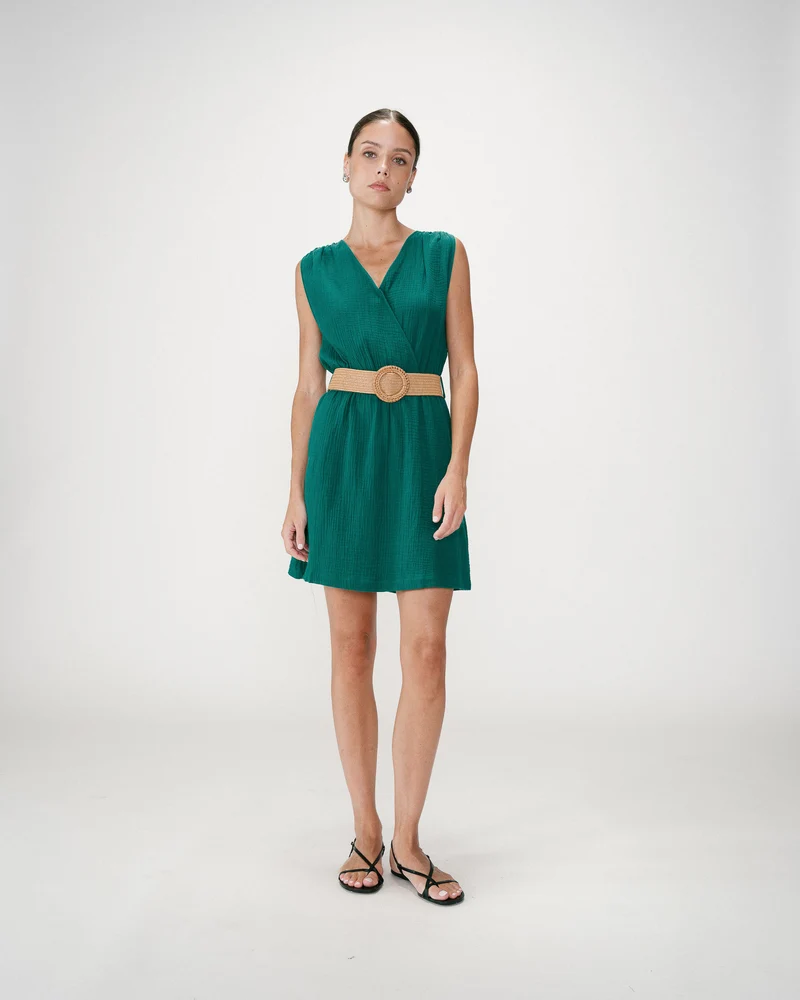 Robe courte en gaze de coton ceinturée emeraude Wrenna