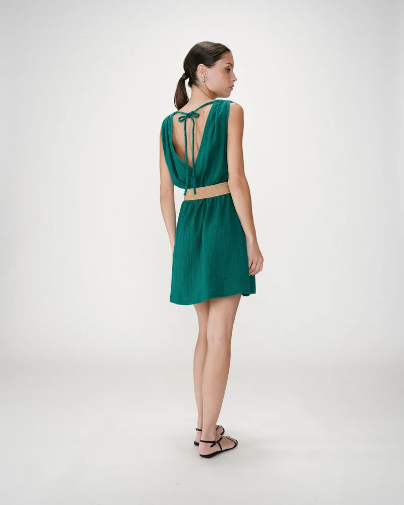 Robe courte en gaze de coton ceinturée emeraude Wrenna