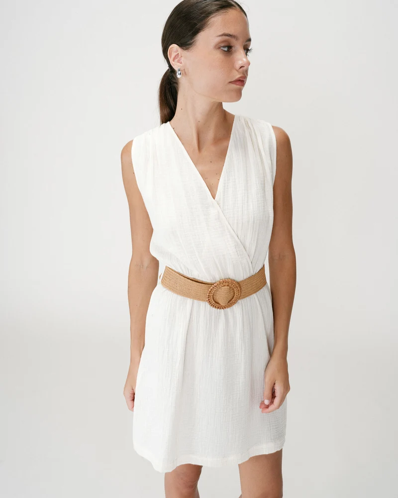 Robe courte en gaze de coton ceinturée ecru Wrenna