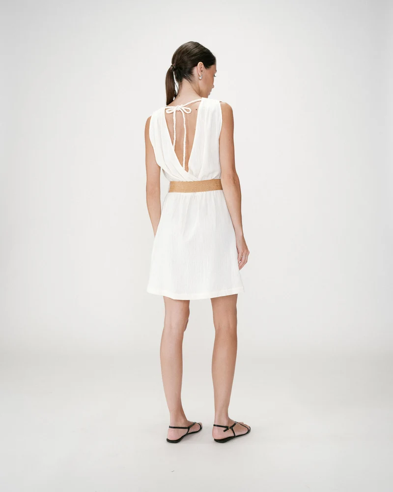 Robe courte en gaze de coton ceinturée ecru Wrenna