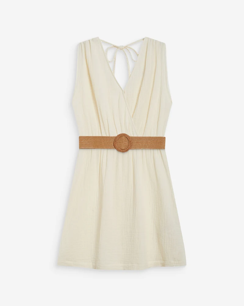 Robe courte en gaze de coton ceinturée ecru Wrenna