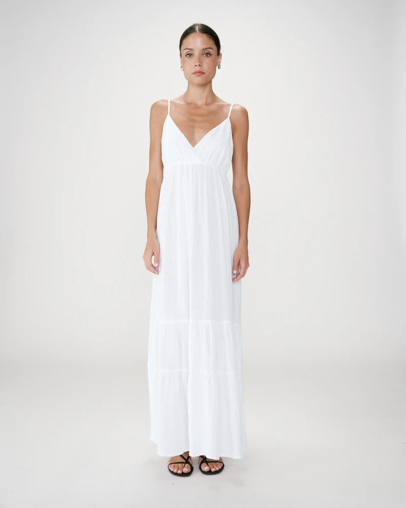 Robe longue fluide en coton col V à bretelles white Wynora