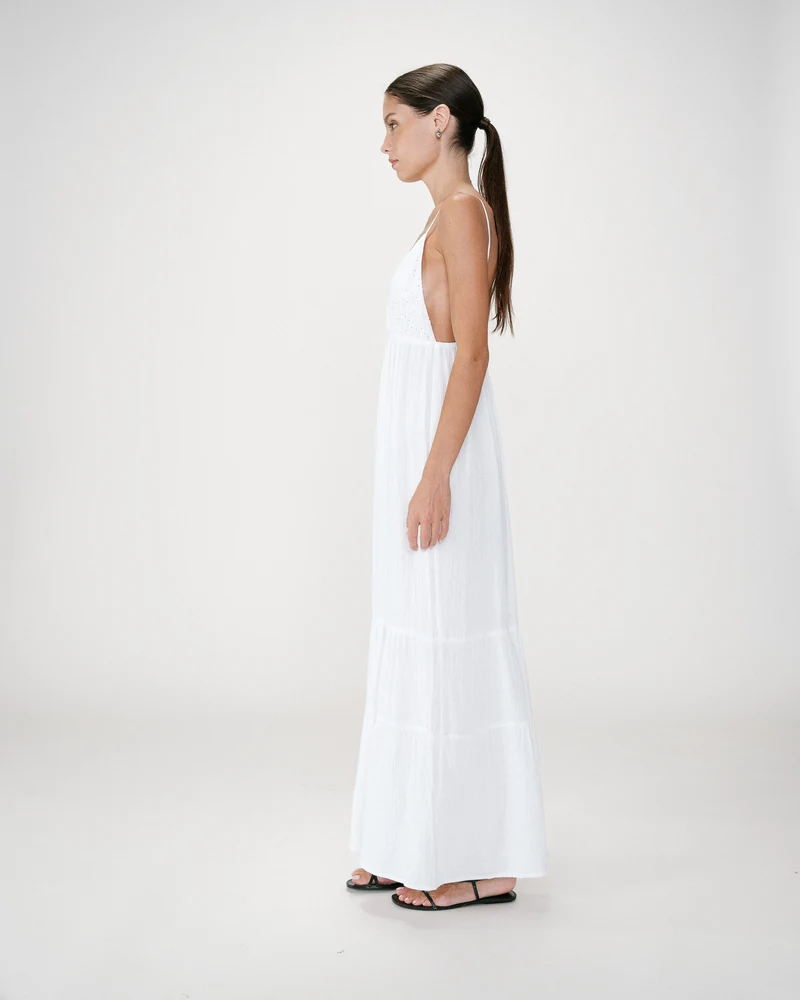 Robe longue fluide en coton col V à bretelles white Wynora