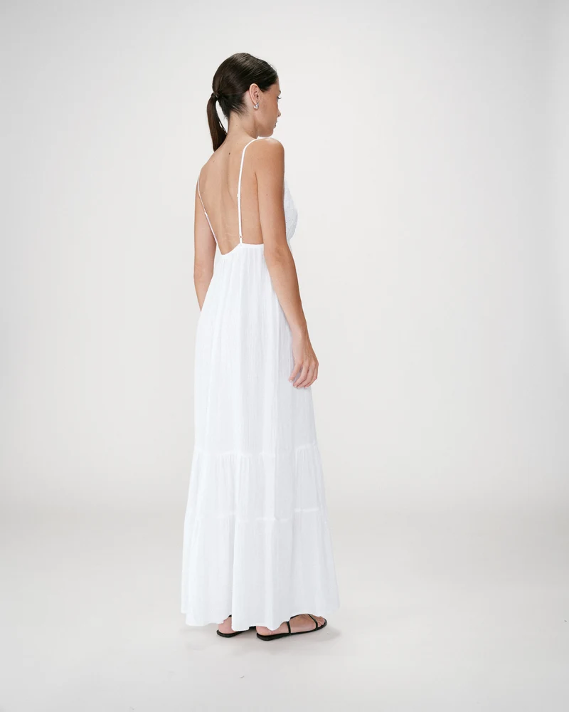 Robe longue fluide en coton col V à bretelles white Wynora
