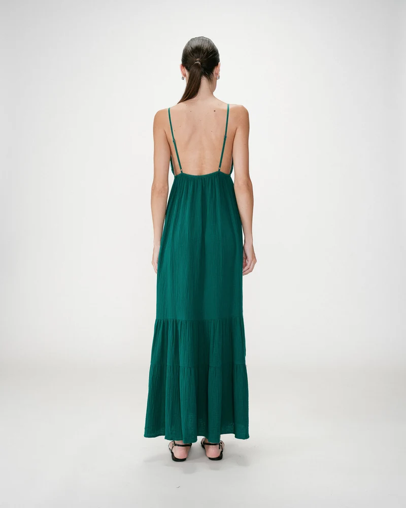 Robe longue fluide en coton col V à bretelles emeraude Wynora