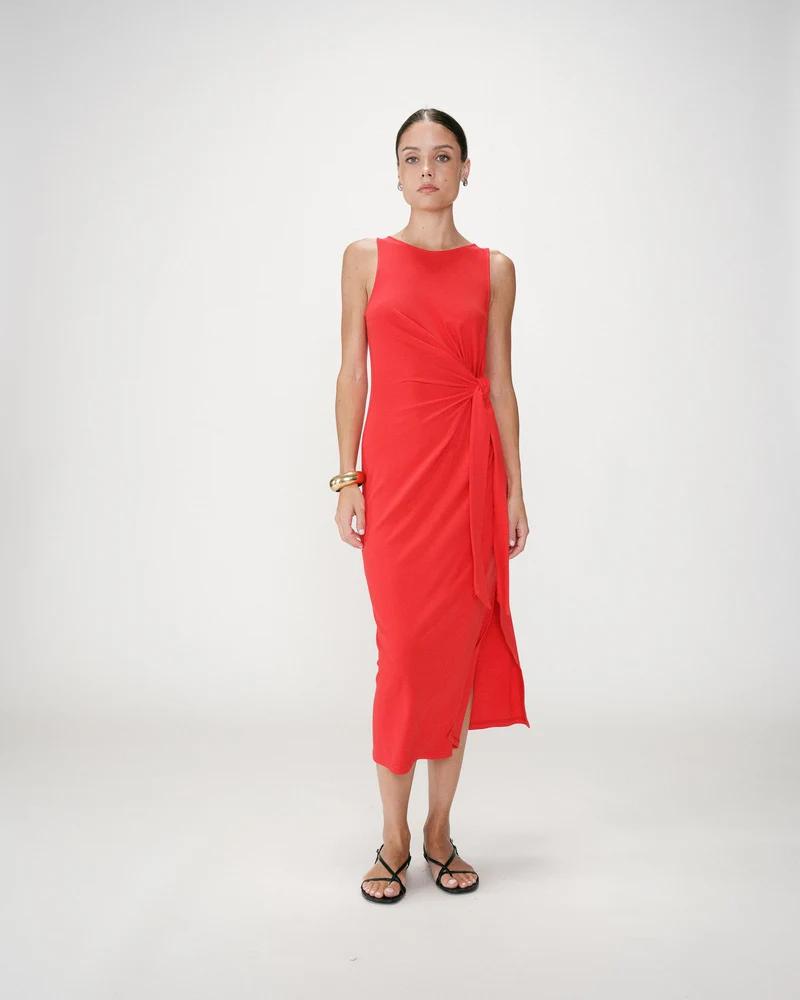 Robe longue drapée taille à nouer rouge Wyla
