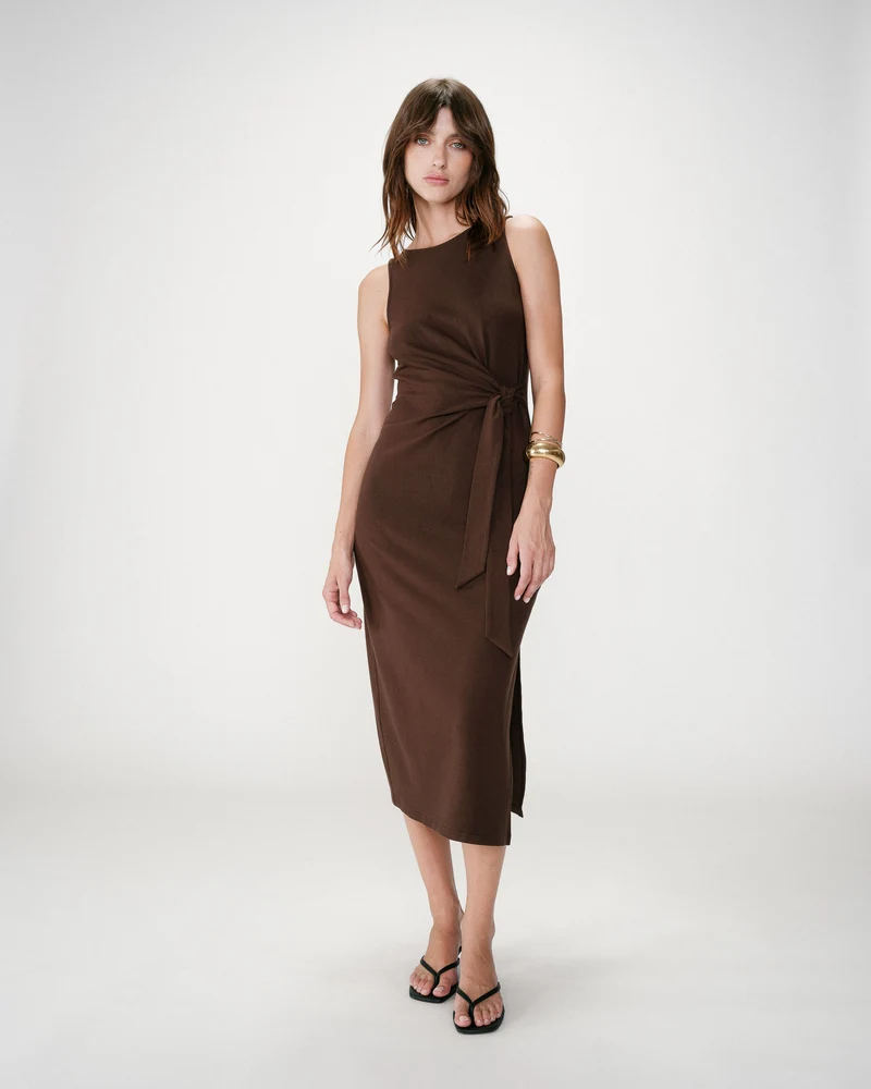 Robe longue drapée taille à nouer chocolat Wyla