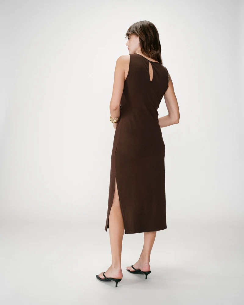 Robe longue drapée taille à nouer chocolat Wyla