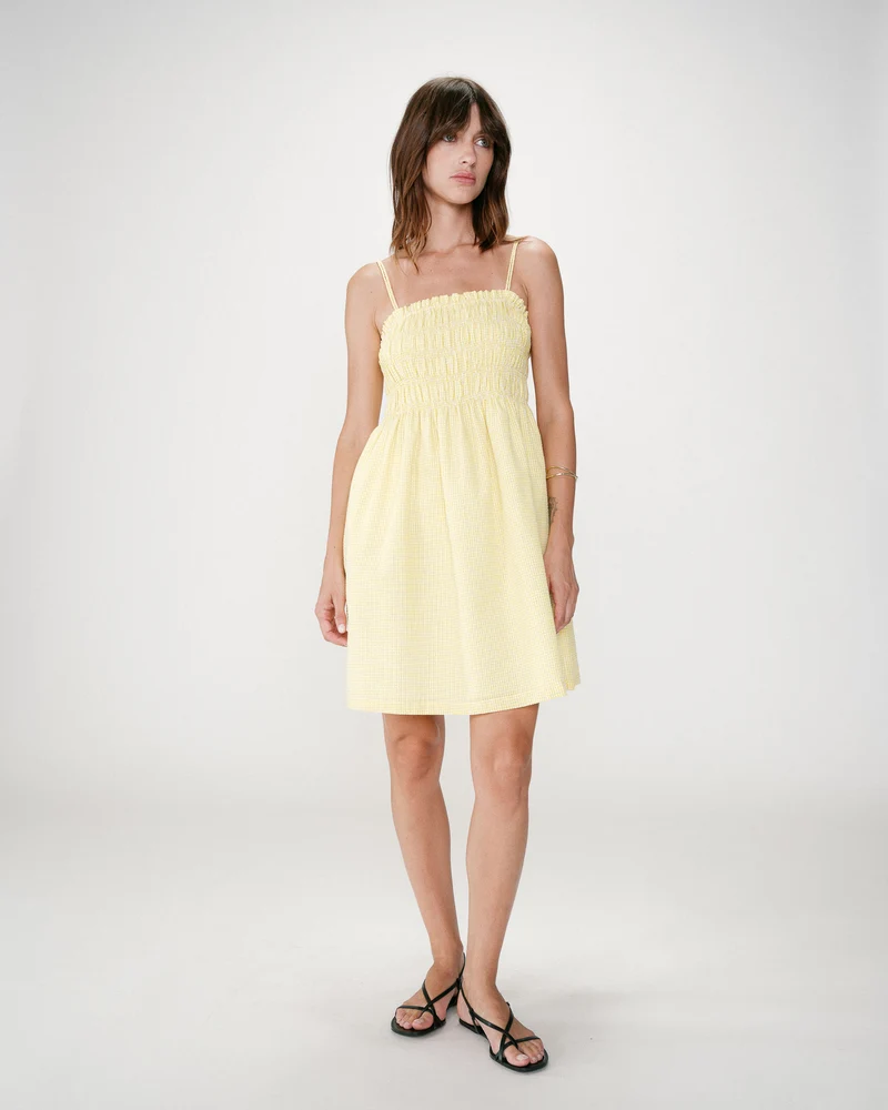 Robe courte en coton à carreaux vichy jaune Willa