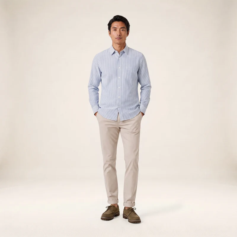 Chemise manches longues rayée en coton bleu