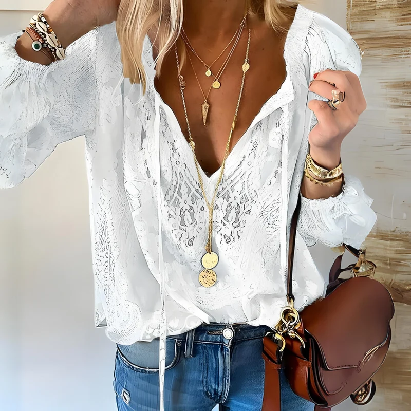 Vivien Blouse Femme – Élégante Blouse en Dentelle avec Nœud & Détails Transparents