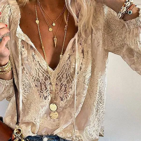 Vivien Blouse Femme – Élégante Blouse en Dentelle avec Nœud & Détails Transparents