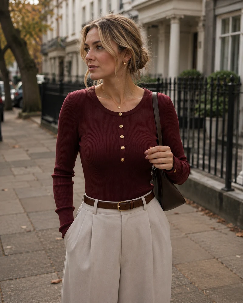 Peyton Top Femme – Maille Côtelée, Manches Longues & 5 Boutons Dorés