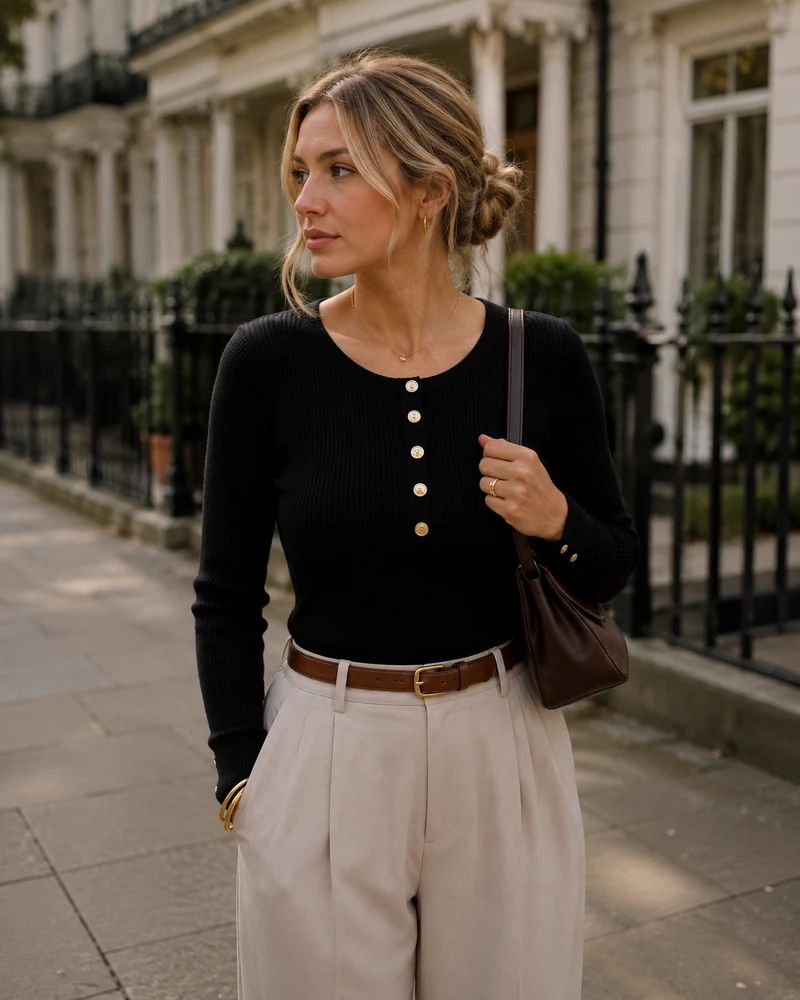 Peyton Top Femme – Maille Côtelée, Manches Longues & 5 Boutons Dorés