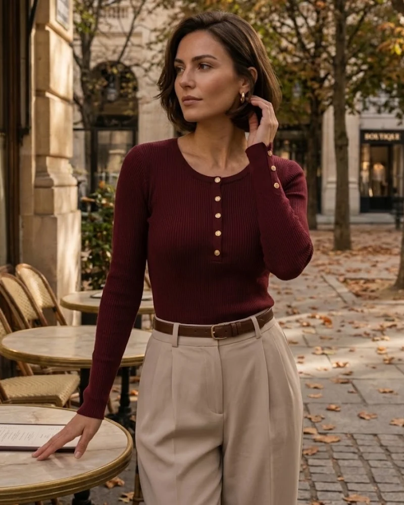 Peyton Top Femme – Maille Côtelée, Manches Longues & 5 Boutons Dorés