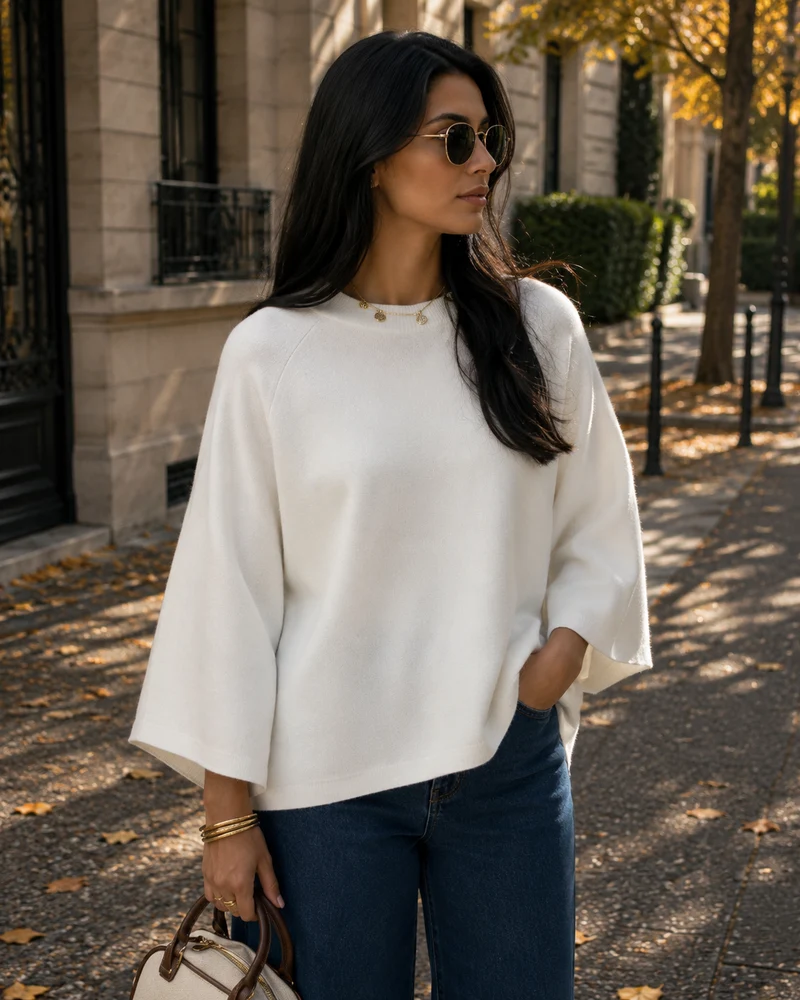 Marlowe T-Shirt en Maille Femme – Coupe Ample, Manches Mi-Longues & Col Rond